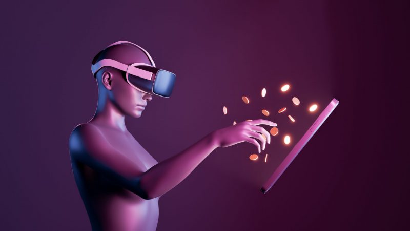 abstract 3d girl touching the screen of a mobile phone dropping coins into the air. metaverse concept, play to earn, technology, virtual reality, economics and passive income 3d rendering