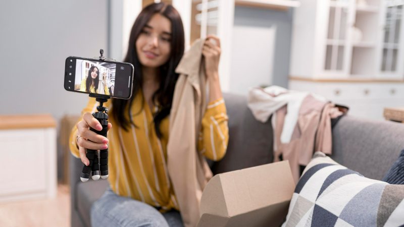 vlogger-home-with-smartphone-unboxing-clothes
